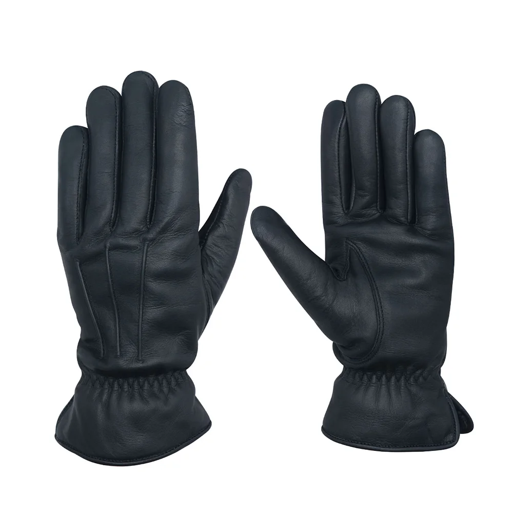 Black leather motorcycle riding gloves with full finger protection