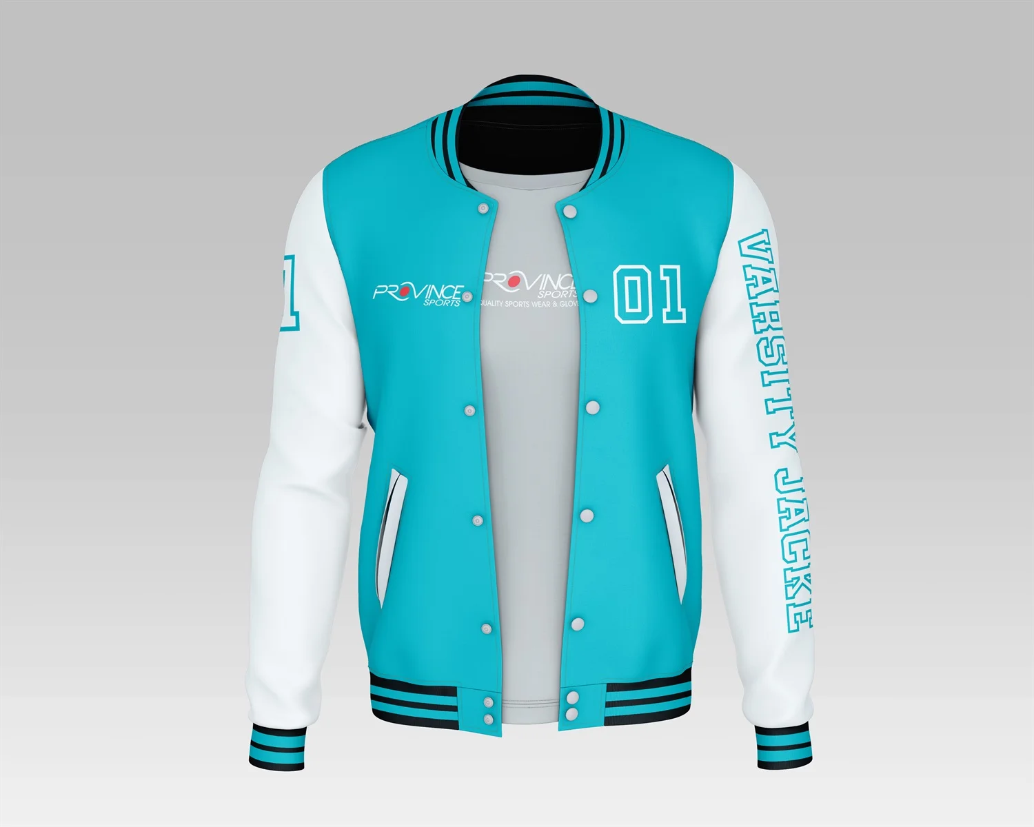 Turquoise and white custom varsity jacket with striped ribbing and graphic sleeve design