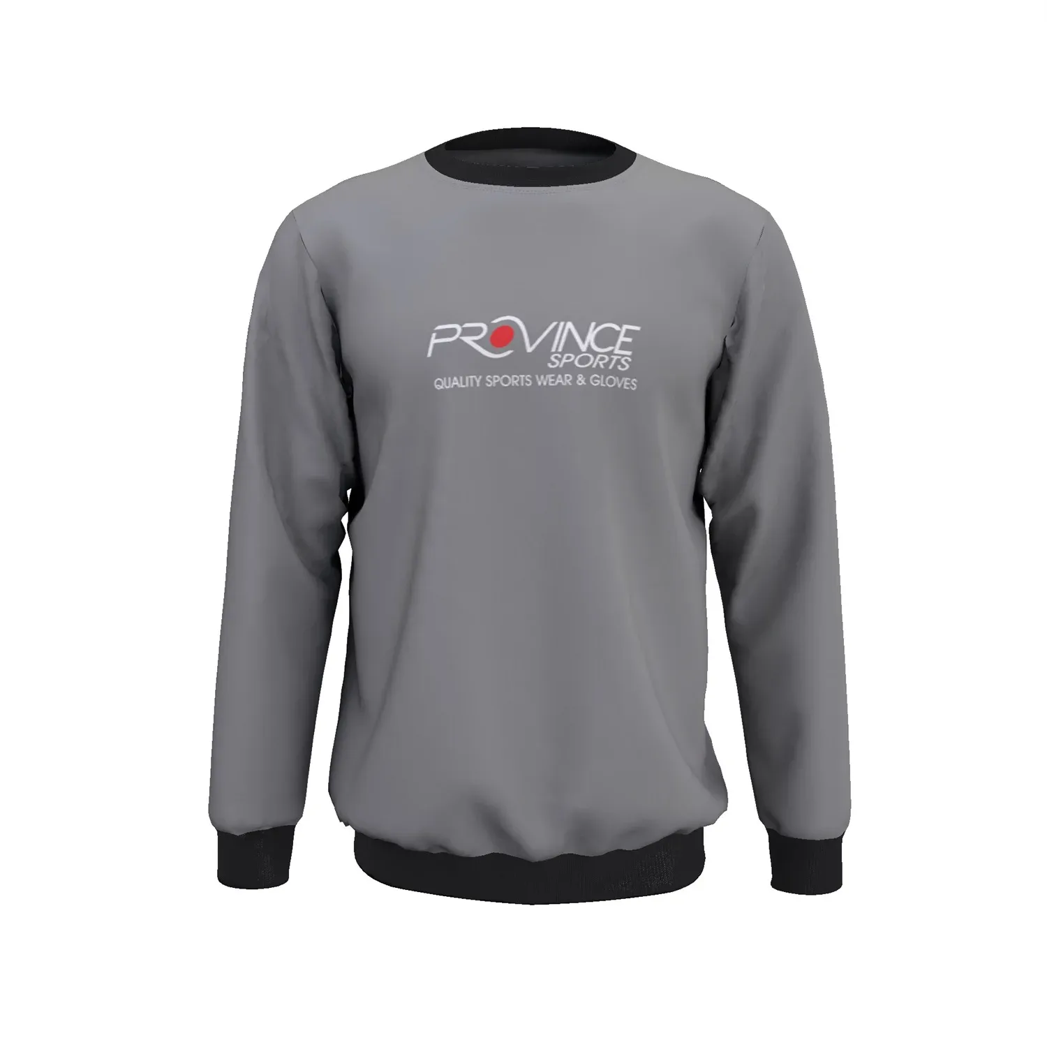 Gray custom sports sweatshirt with black ribbed cuffs and collar